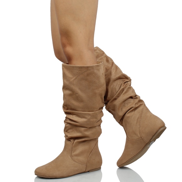 Natural Faux Suede Slouchy Knee High Flat Boot - Picture 2 of 3